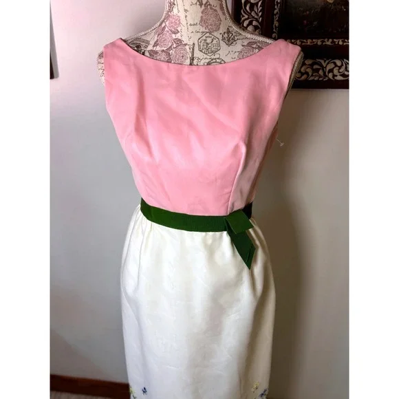 Vintage Embroidered Maxi Dress Pink Satin Bodice 60s Union Made S Mad Men era - Picture 16 of 17